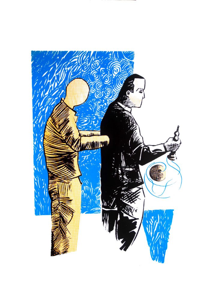 Un homme de profil joue au bilboquet tandis qu'un autre homme sans visage enfonce ses mains dans son dos.