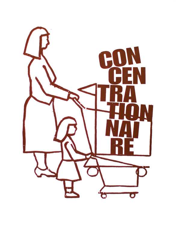 Une mère et sa fille chacune conduisant un chariot de magasin, associé au mot Concentrationnaire.
