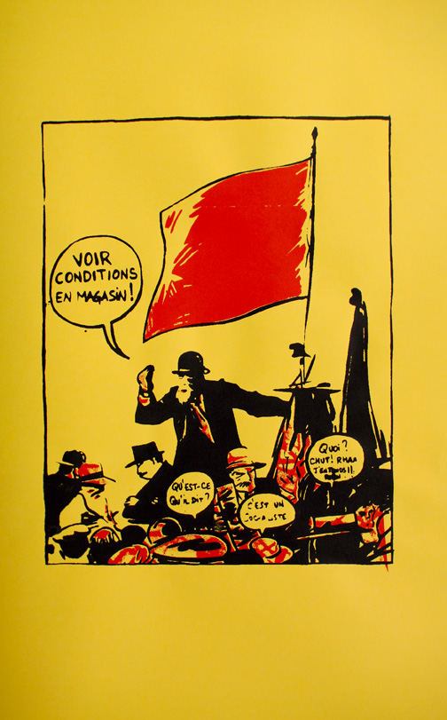 Détournement de la célèbre photographie de Jaurès s'adressant aux grévistes sous la bannière d'un drapeau rouge.