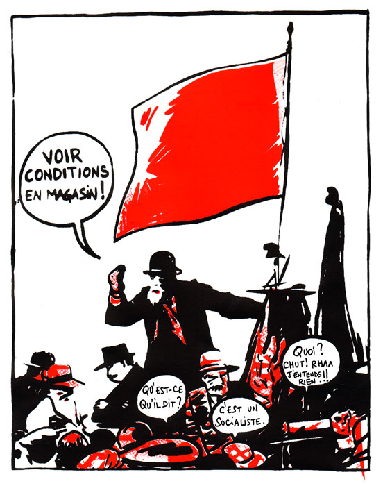 Détournement de la célèbre photographie de Jaurès s'adressant aux grévistes sous la bannière d'un drapeau rouge.