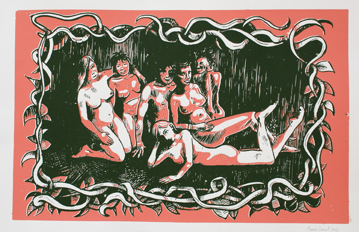 Des personnages nus assis ou allongés, le visage souriant.