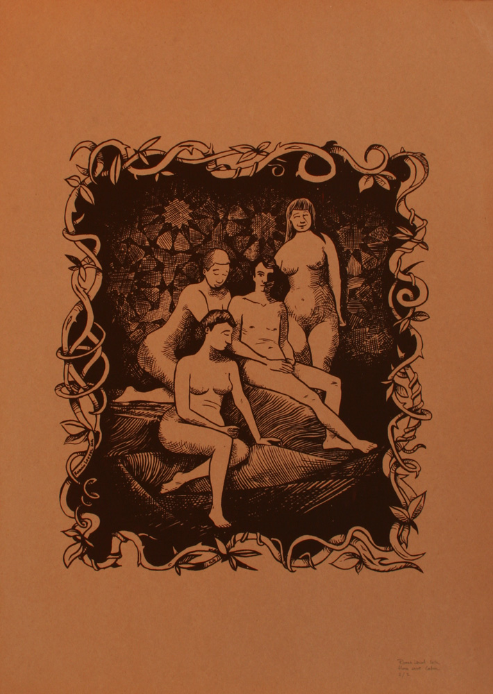 Quatre personnages nus dans un décor oriental.