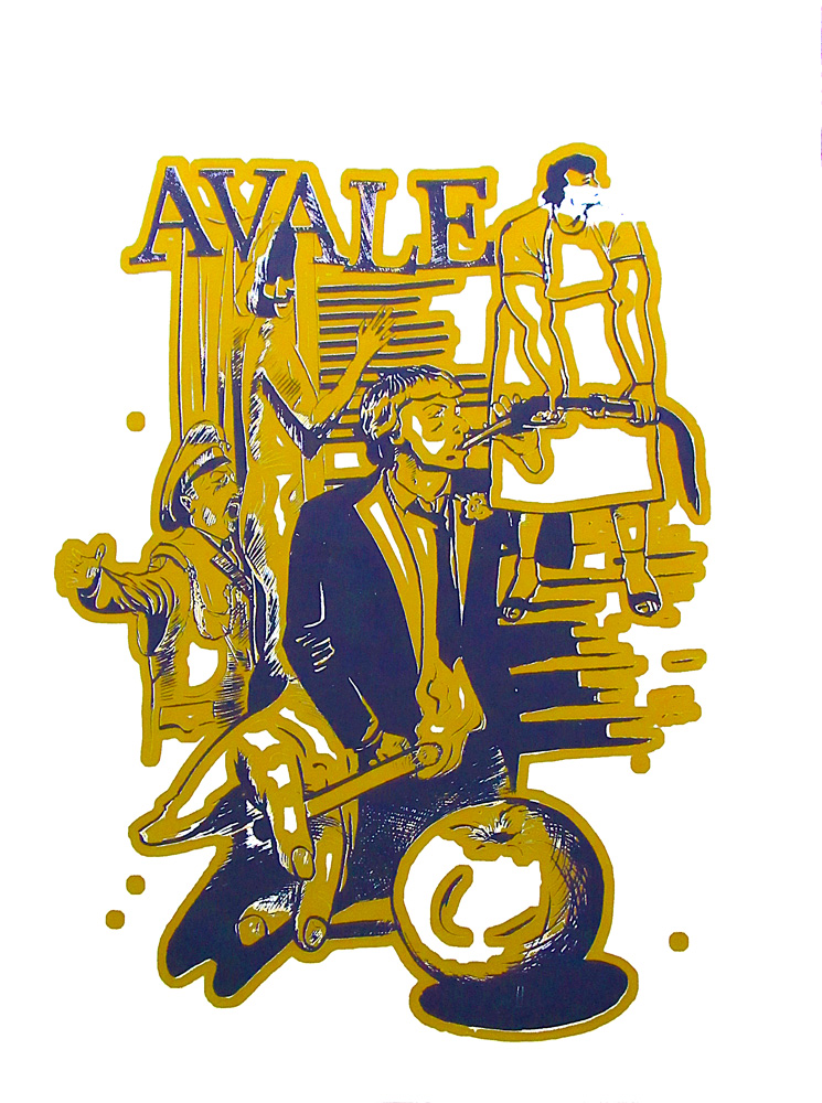 Un montage de différentes scènes et de gros plan sur des objets, le tout format un type de rébus entrelacé, associé au terme Avale en haut de l'image.