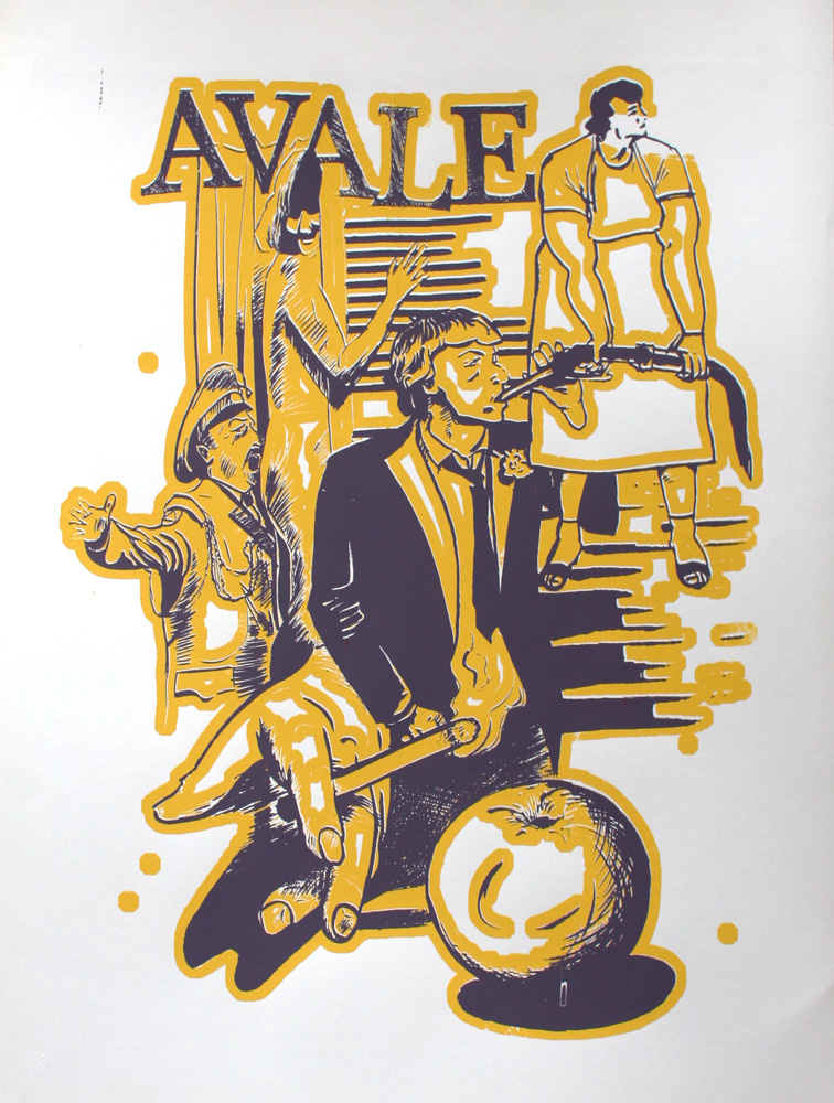 Un montage de différentes scènes et de gros plan sur des objets, le tout format un type de rébus entrelacé, associé au terme Avale en haut de l'image.