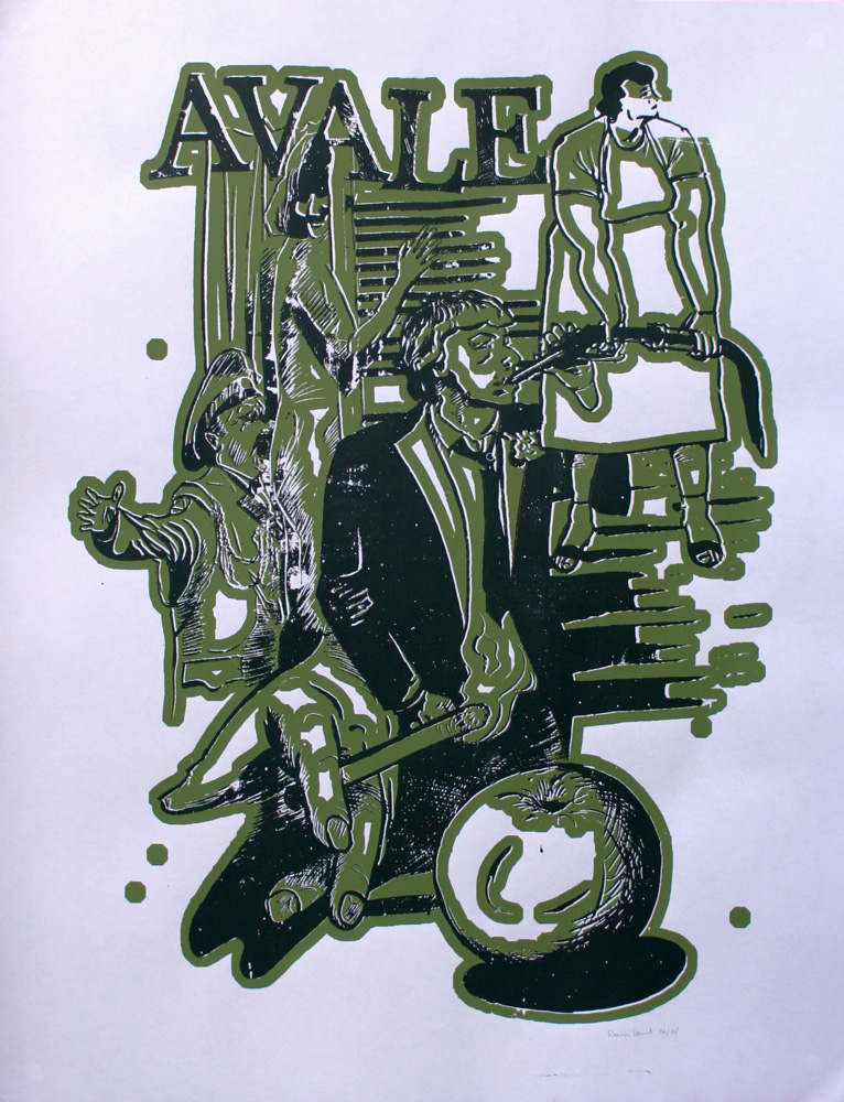 Un montage de différentes scènes et de gros plan sur des objets, le tout format un type de rébus entrelacé, associé au terme Avale en haut de l'image.