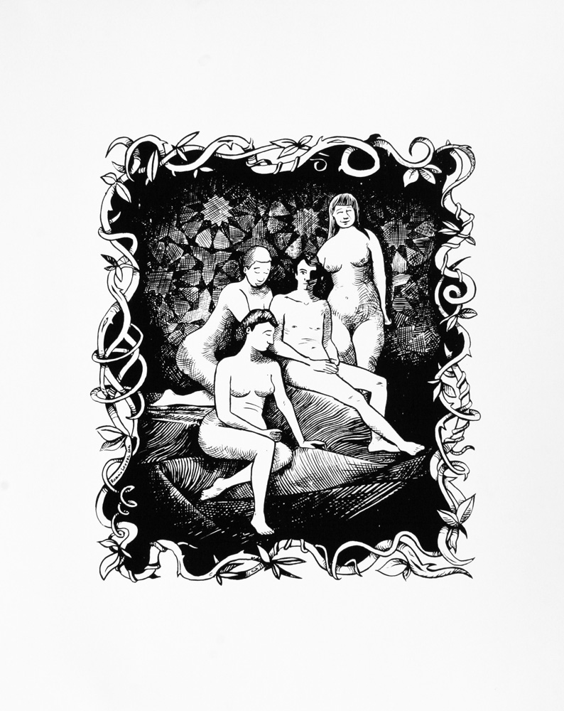 Quatre personnages nus dans un décor oriental.