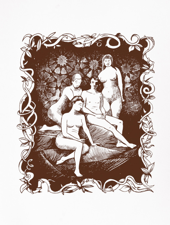 Quatre personnages nus dans un décor oriental.