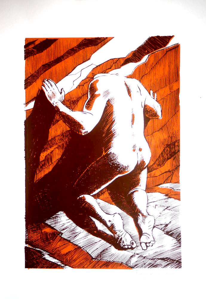 Un homme nu à genoux la tête enfoncée dans la roche