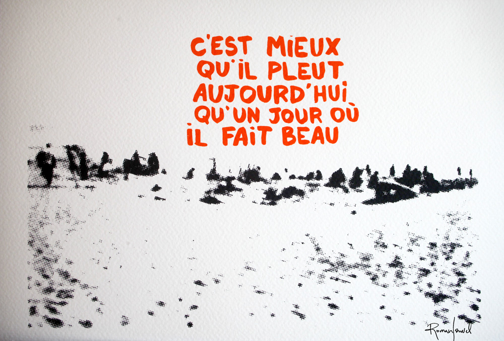 Vue sur la plage et ses touristes avec le texte " C'est mieux qu'il pleut aujourd'hui qu'un jour où il fait beau"