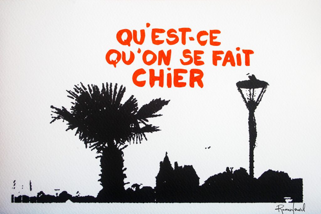 Un palmier, le chateau de pornic, un lampadaire avec le texte "qu'est-ce qu'on se fait chier"